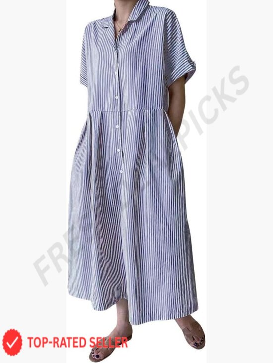 Dresses & Skirts - Cotton Striped Midi Shift Dress Button Up Short Sleeve With Pockets